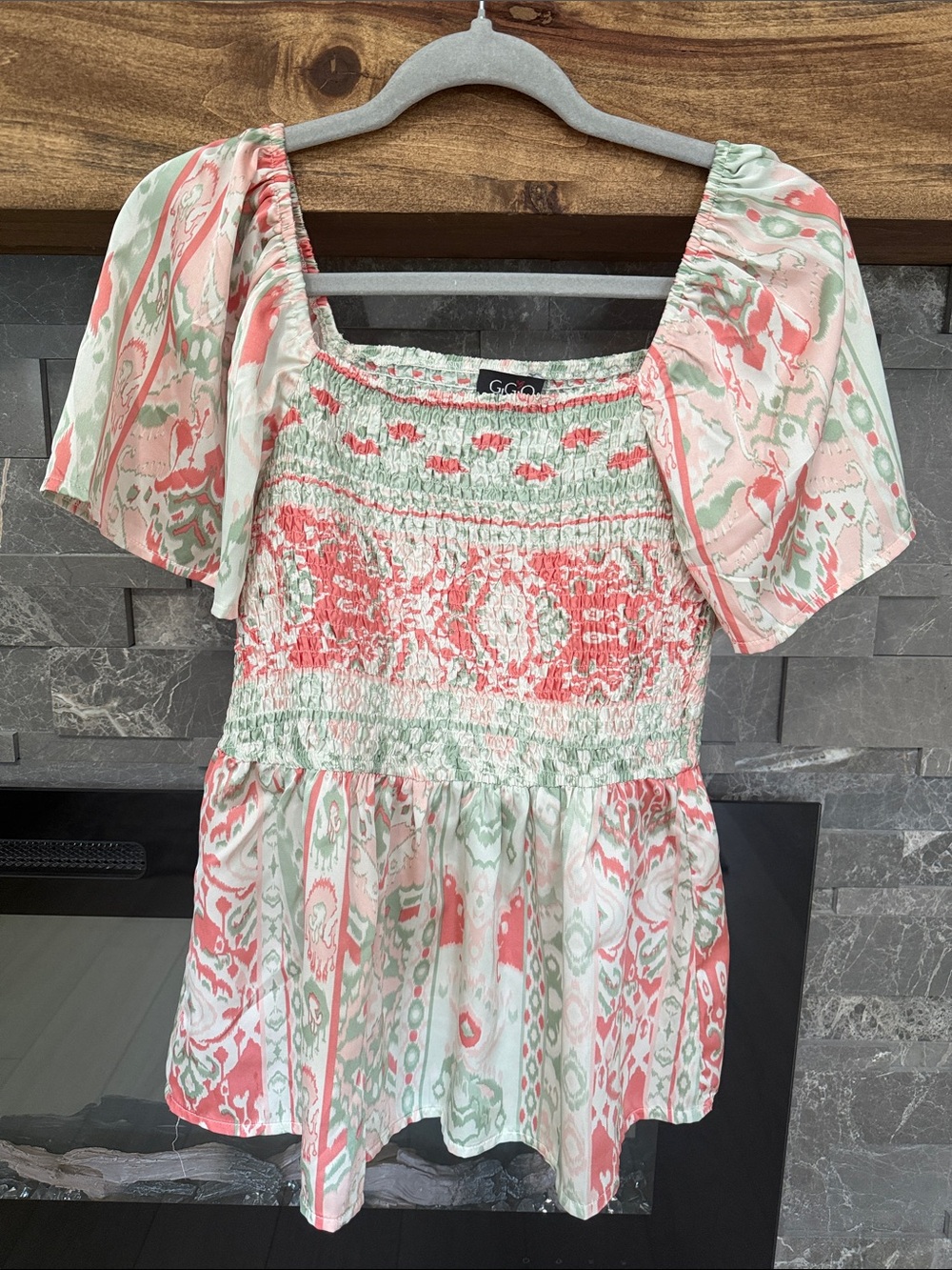 Smocked Square-Neck Blouse in Coral and Mint by CC